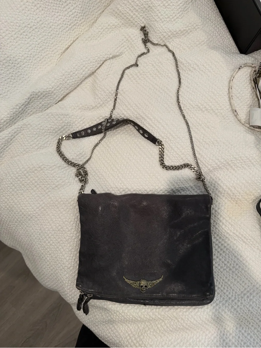 Zadig & Voltaire Rocky Gray Distressed Leather Foldover Chain Crossbody